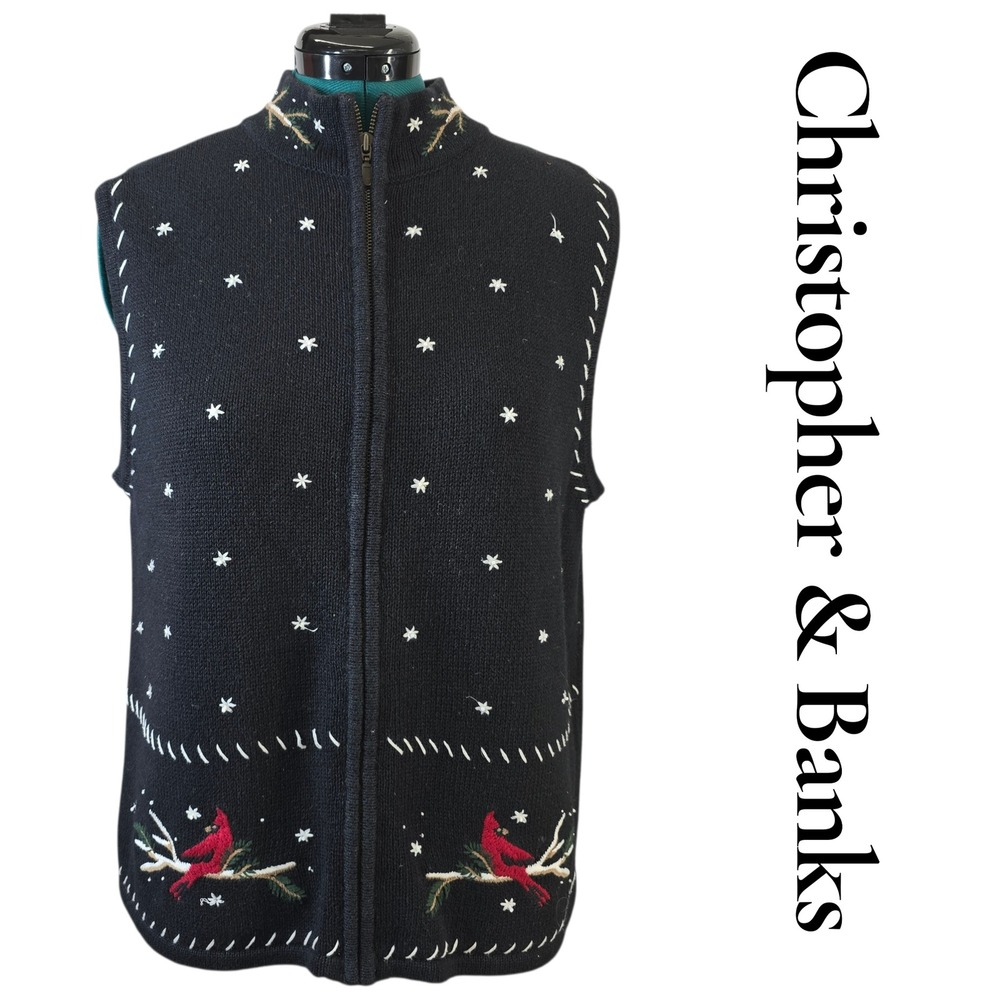 Christopher & Banks Hand Embroidered XL Cardinal Zip Front‎ Sweater Vest 2007